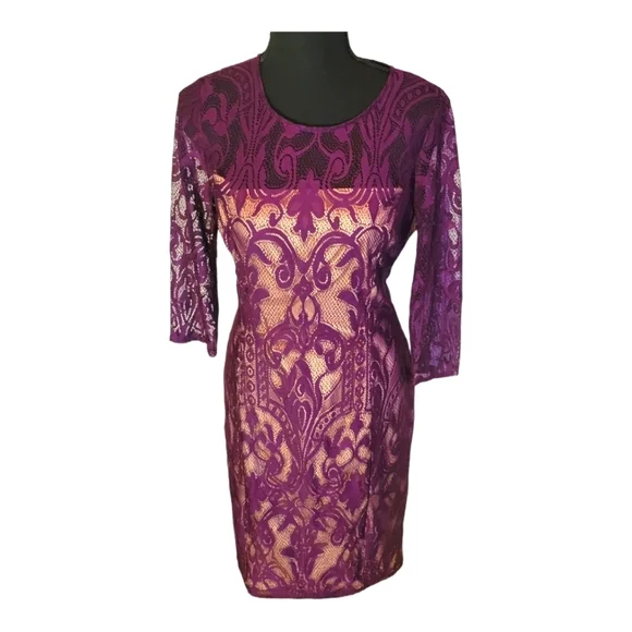 Adrianna Papell | Dresses | Adrianna Papell Eggplant Purple Lace 34 Sleeve  Sheath Dress Size 2 | Poshmark